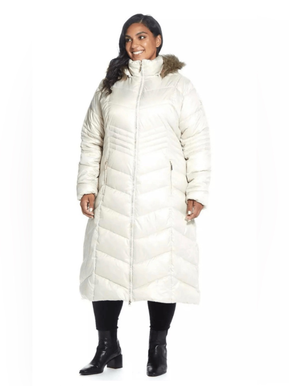 New Gallery Faux-Fur Hood Chevron Long Puffer Coat cream 2X
